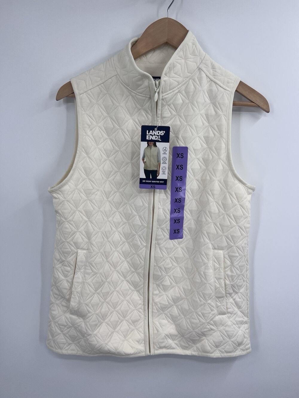 Lands End Ivory Zip Front Quilted Vest XS NWT